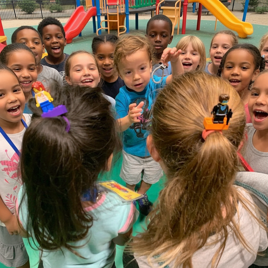 Kids Gathered Around LEGO Bracelet - Arms Down